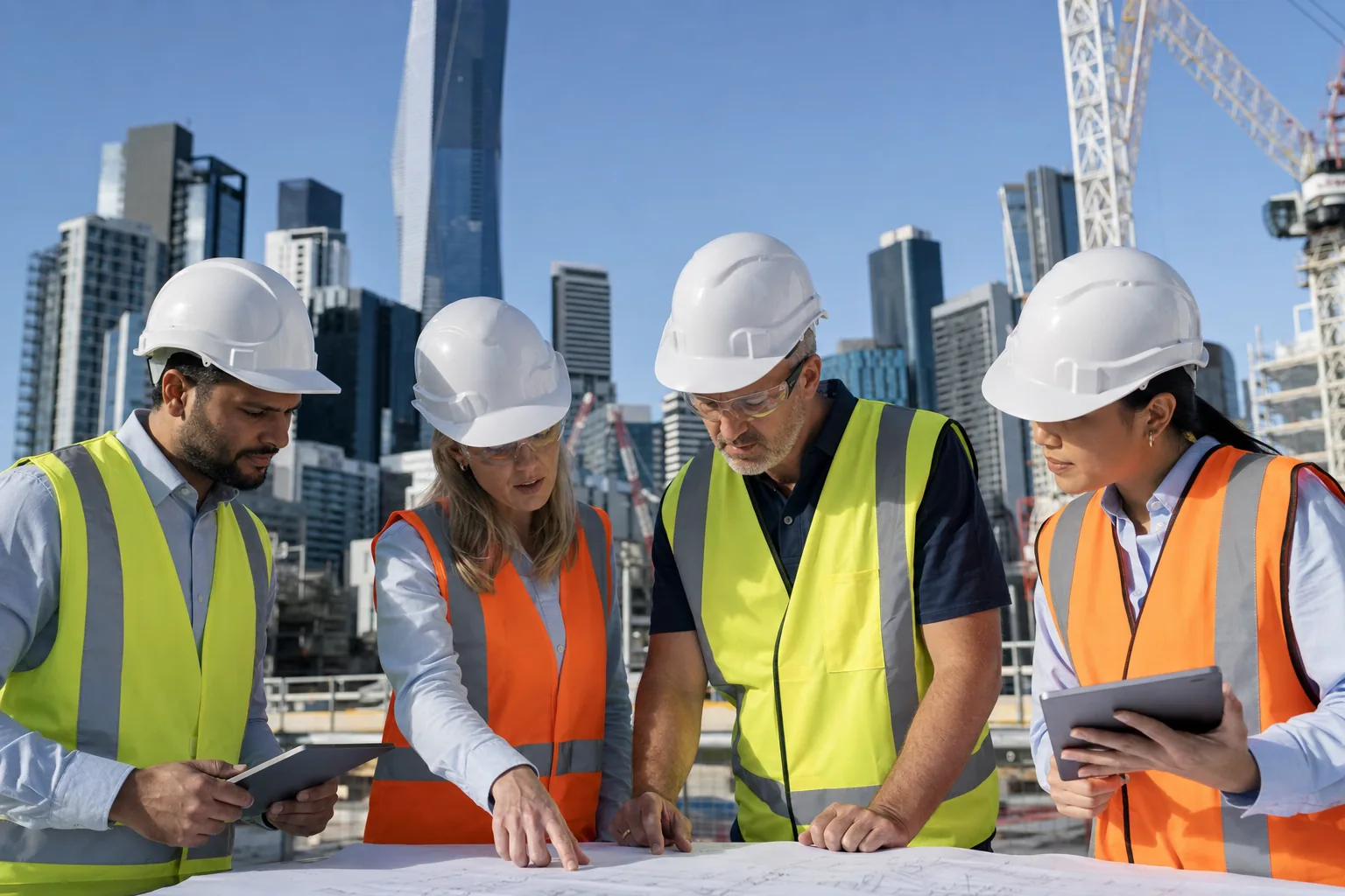 Australian construction professionals reviewing plans at a building site